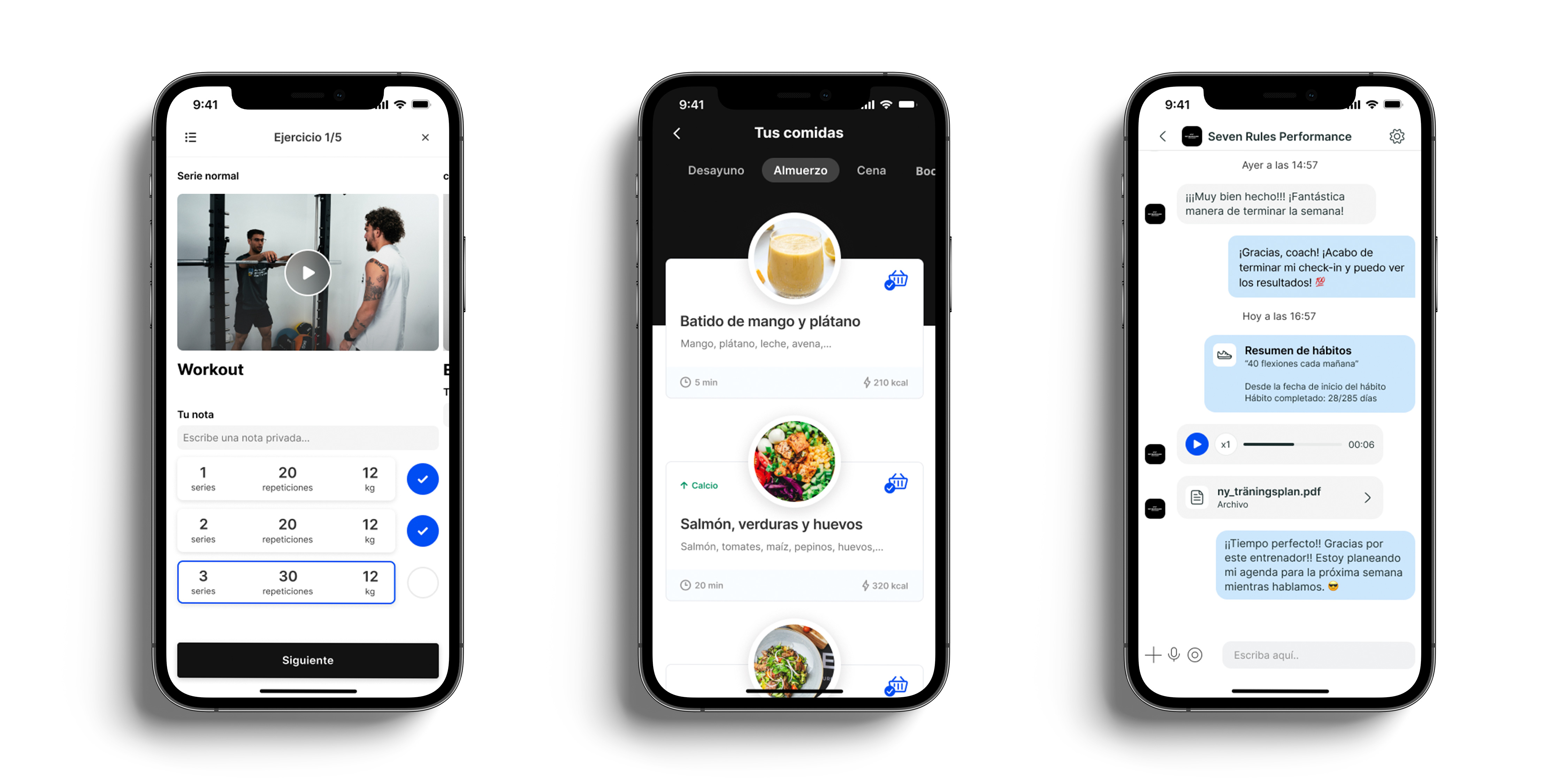 Un mockup de la app de coaching mostrando las funciones.